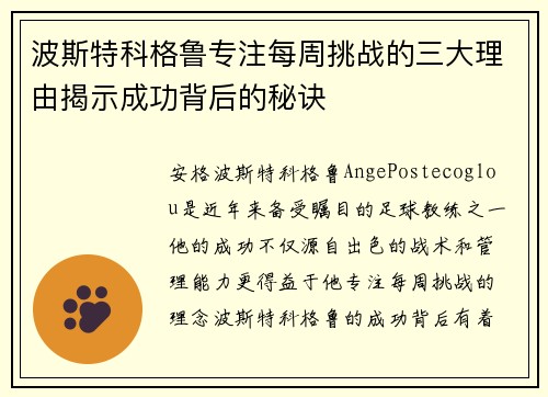 波斯特科格鲁专注每周挑战的三大理由揭示成功背后的秘诀